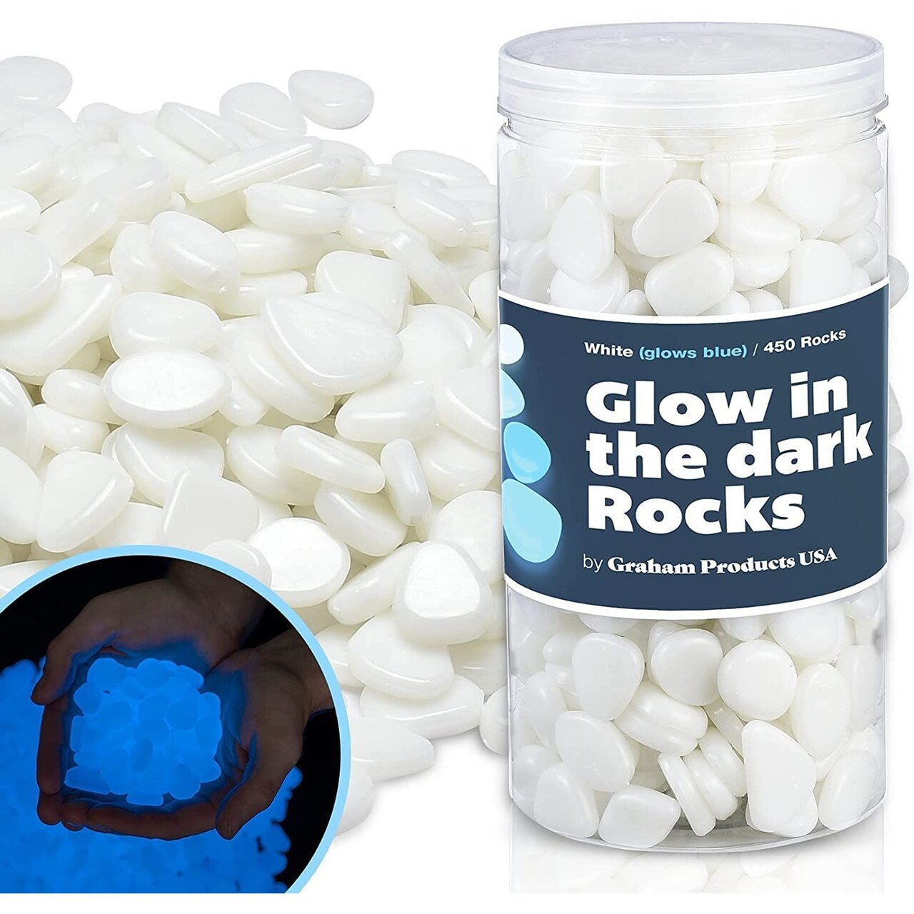 Graham Products 450 Pieces Glow in the Dark Rocks | Indoor & Outdoor Use - Garden, Fish Tank Pebbles, Planter, Walkway, Driveway Decoration & More | For Aged 6 & Up | Powered by Sunlight - White